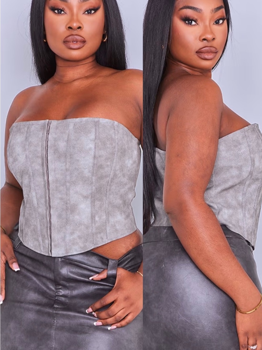 PrettyLittleThing•Charcoal Washed Faux Leather Hook And Eye Structured Corset